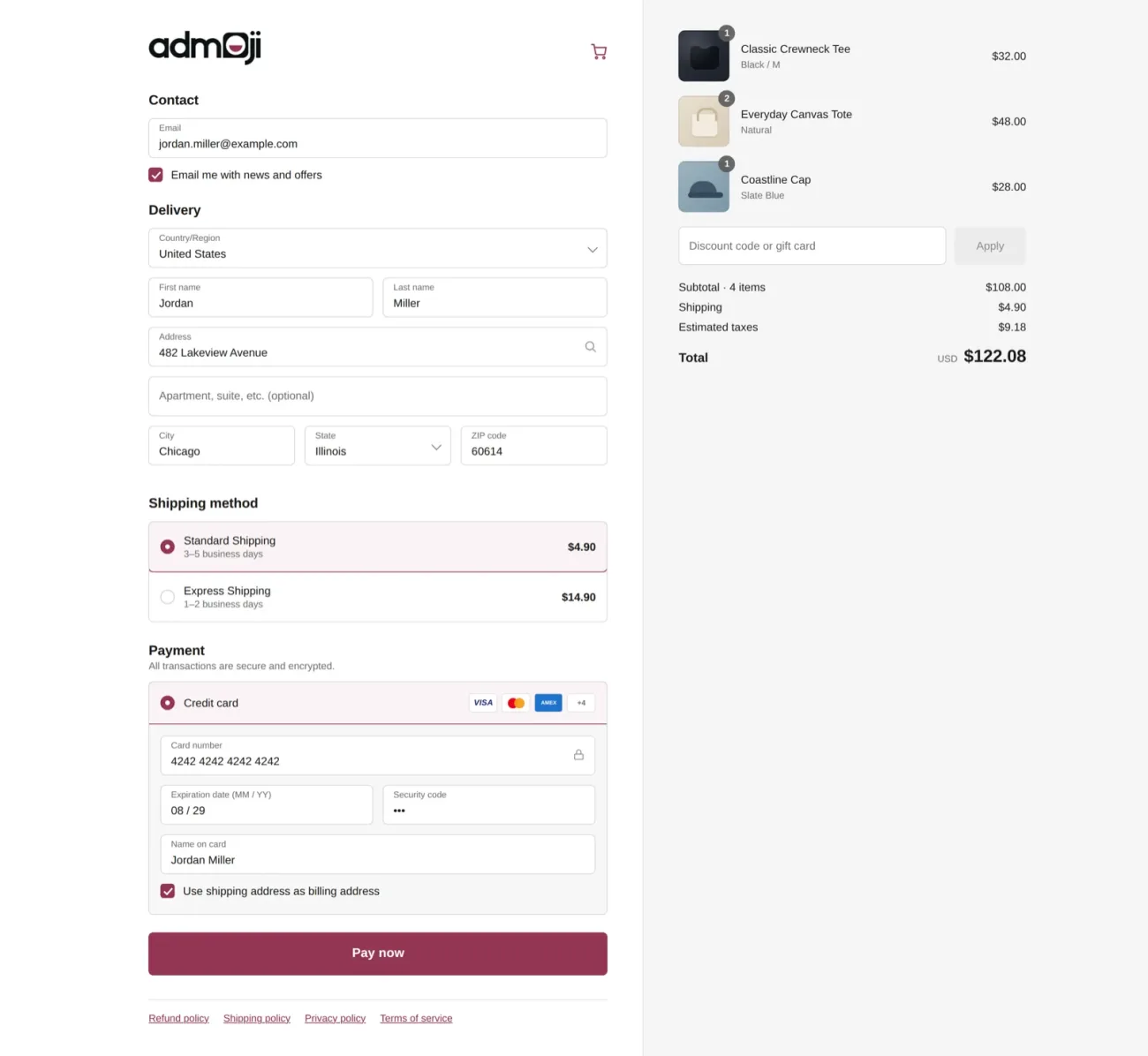 Admoji checkout — contact, delivery, shipping and payment with order summary