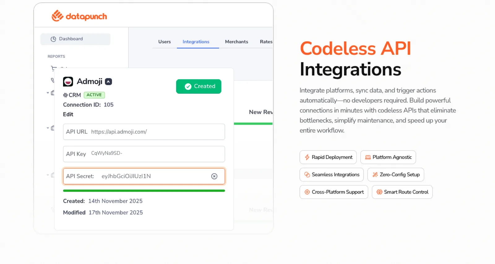 DataPunch + Admoji codeless API integration setup