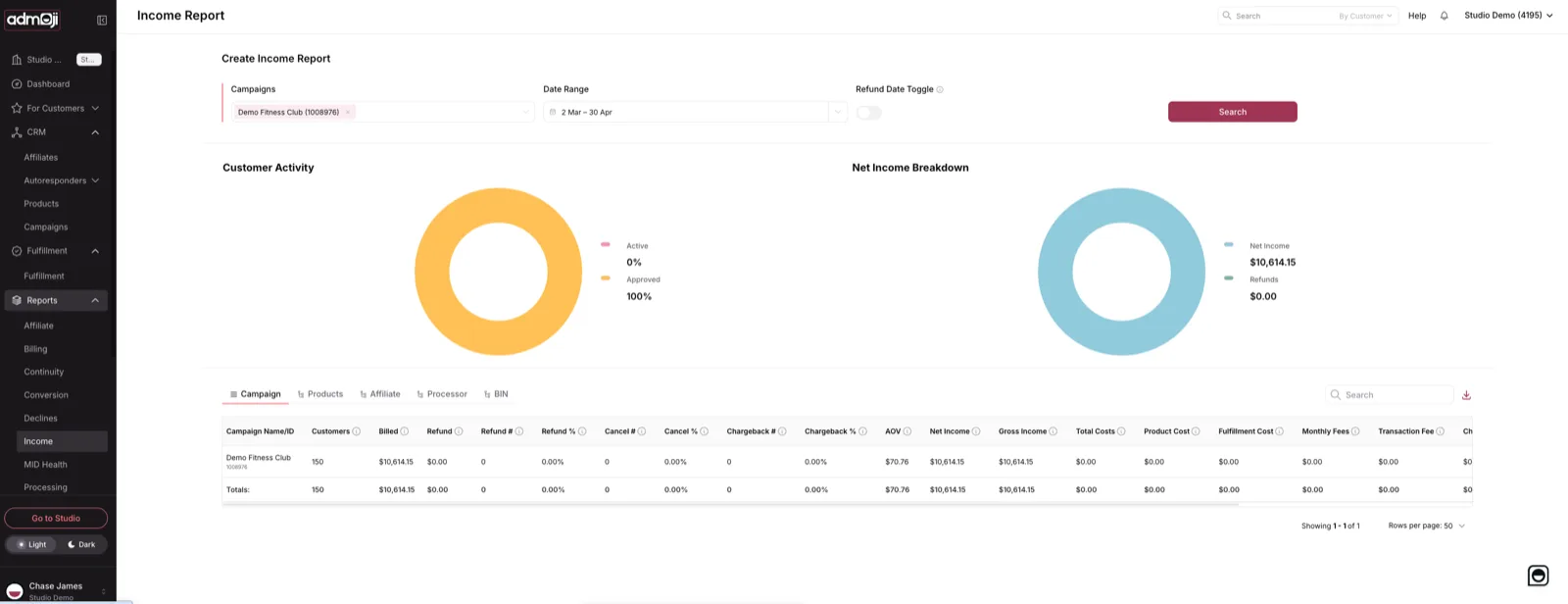 Admoji income report showing net income, costs, fees, and gross income